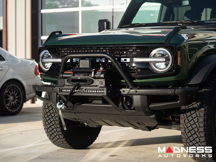 Ford Bronco Winch Mount - High Mount - OE Modular Bumper - Rough Country - PRO9500S Winch - Black Series LED