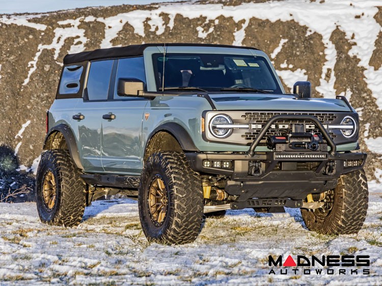Ford Bronco Winch Mount - High Mount - OE Modular Bumper - Rough Country - PRO12000S Winch - Black Series White DRL LED