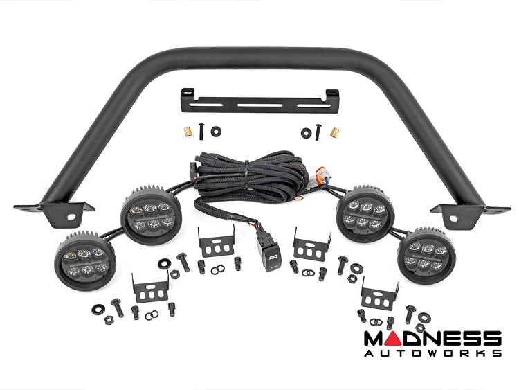 Ford Bronco Front Bumper Guard - Safari Bar - OE Modular Bumper - Rough Country - w/ 4x 3.5in Round Lights - Amber DRL