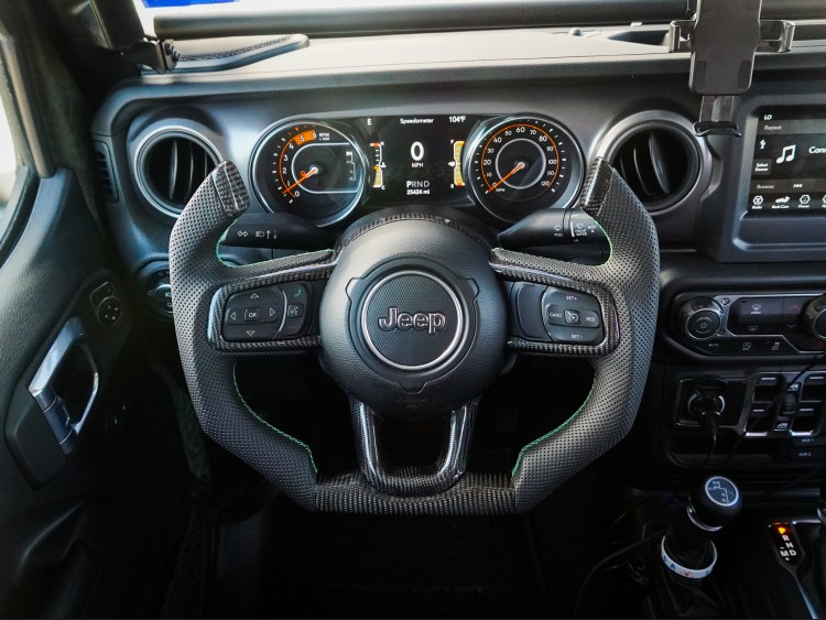 Jeep Gladiator Custom Steering Wheel - Carbon Fiber - F1 Style - Flat Bottom - Alcantara / Green Stitch